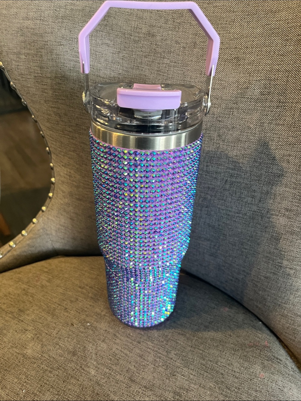 Sparkling Purple Rhinestone Travel Tumbler with Handle